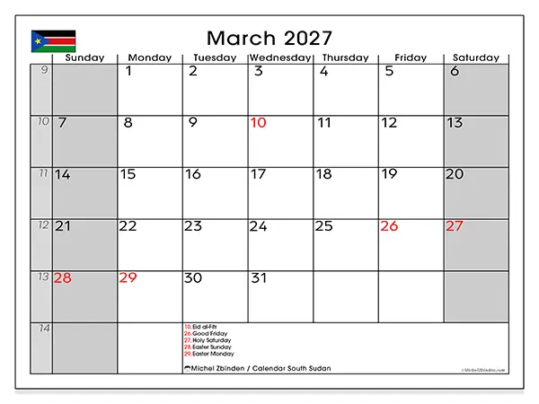 Printable March 2027 calendar - South Sudan