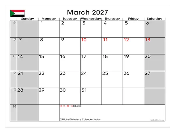 Printable March 2027 calendar - Sudan