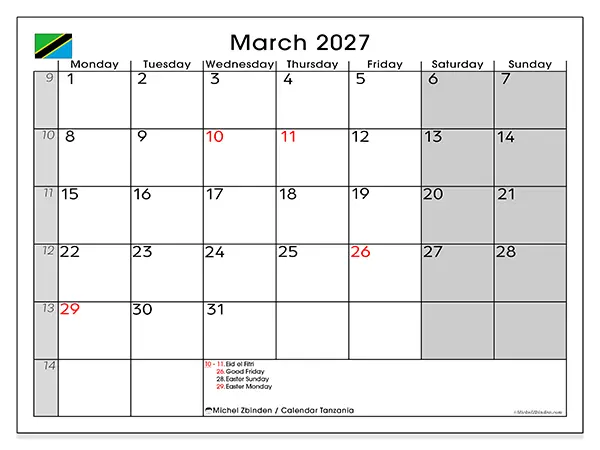 Printable March 2027 calendar - Tanzania