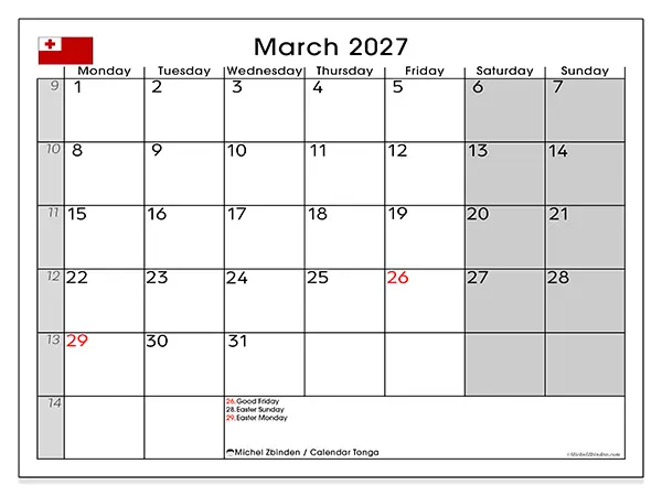 Printable March 2027 calendar - Tonga