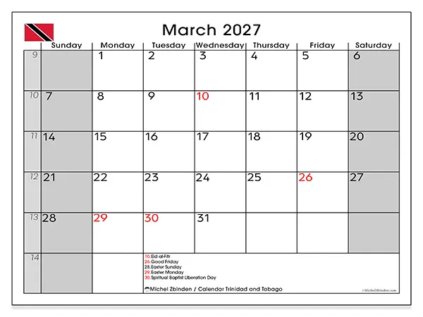 Printable March 2027 calendar - Trinidad and Tobago