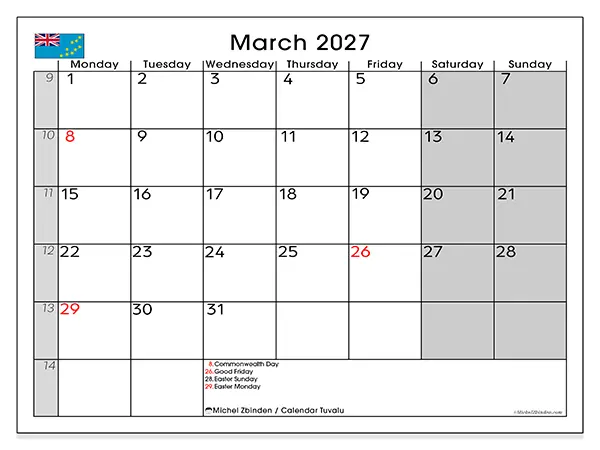 Printable March 2027 calendar - Tuvalu