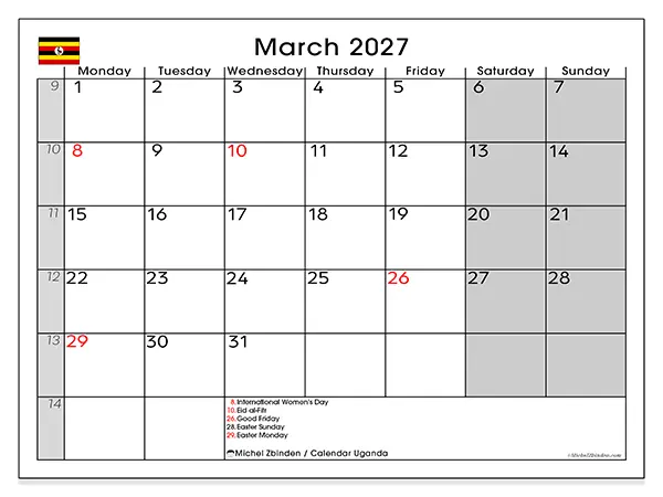 Printable March 2027 calendar - Uganda