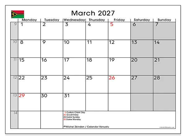 Printable March 2027 calendar - Vanuatu