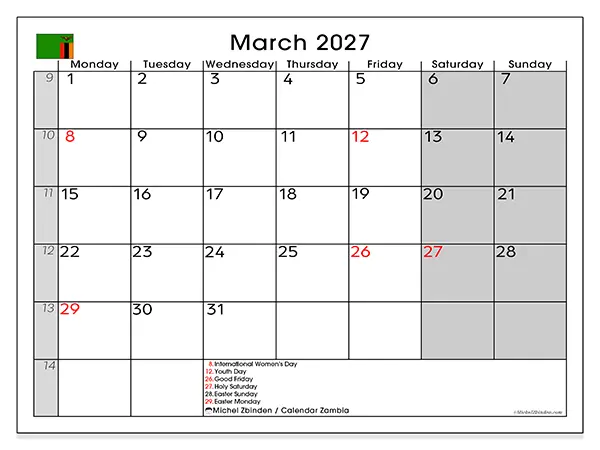 Printable March 2027 calendar - Zambia