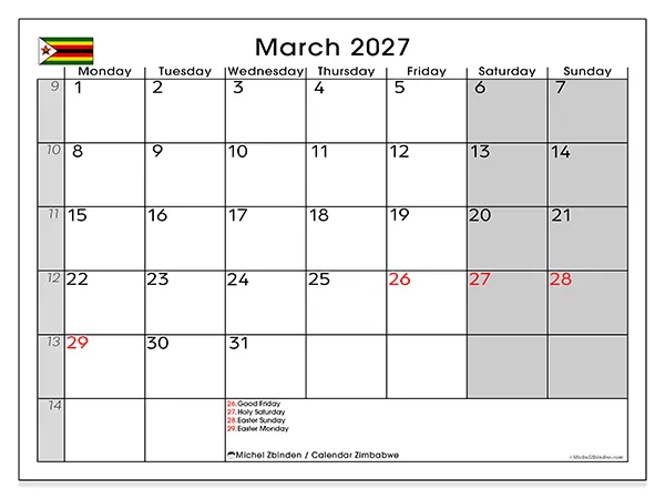 Printable March 2027 calendar - Zimbabwe