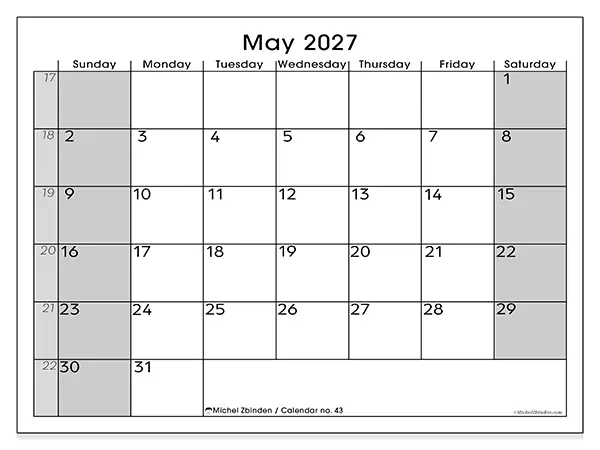 Printable May 2027 calendar - Perfect organization - Week from Sunday to Saturday