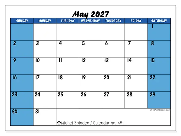 Printable May 2027 calendar - Dynamic organization - Week from Sunday to Saturday