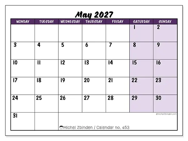 Printable May 2027 calendar - Colorful efficiency