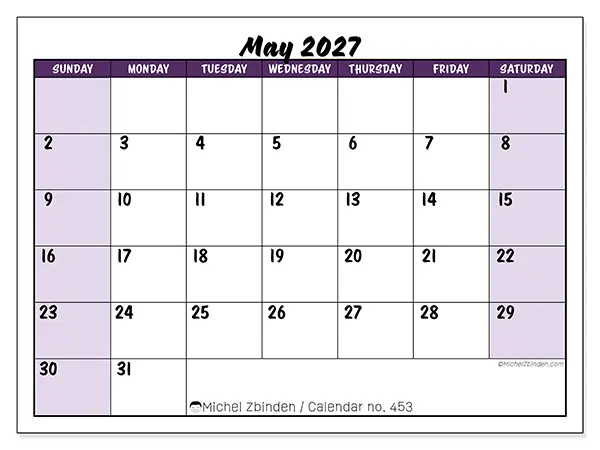 Printable May 2027 calendar - Colorful efficiency - Week from Sunday to Saturday