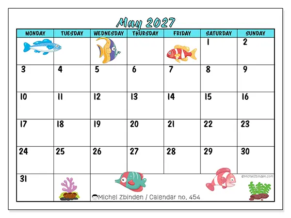 Printable May 2027 calendar - Colorful fish
