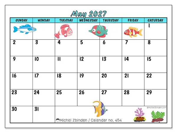 Printable May 2027 calendar - Colorful fish - Week from Sunday to Saturday