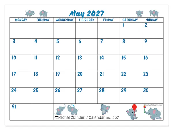 Printable May 2027 calendar - Little elephants