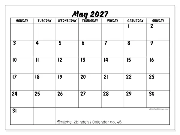 Printable May 2027 calendar - Academic success