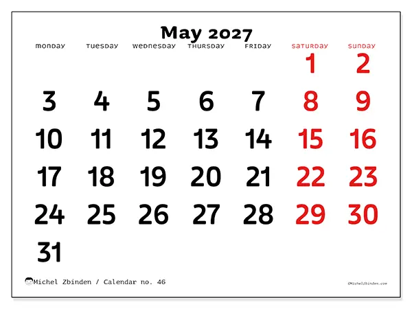 Printable May 2027 calendar - Clear vision