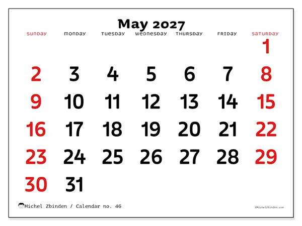 Printable May 2027 calendar - Clear vision - Week from Sunday to Saturday