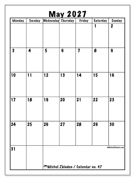Printable May 2027 calendar - Efficient planning