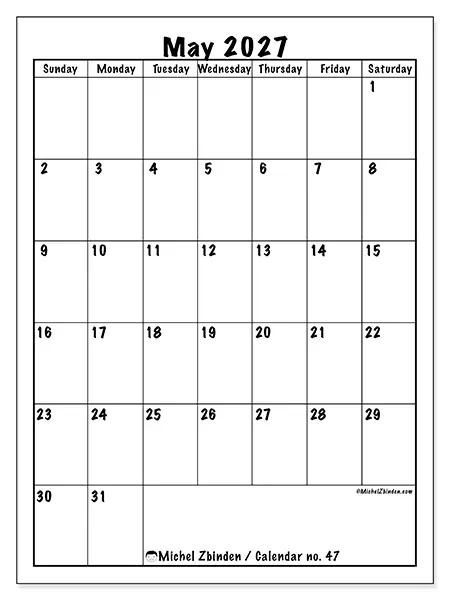 Printable May 2027 calendar - Efficient planning - Week from Sunday to Saturday