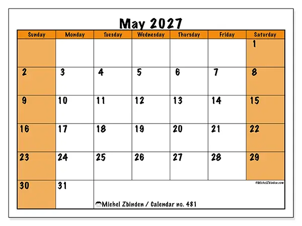 Printable May 2027 calendar - Dynamic planning - Week from Sunday to Saturday