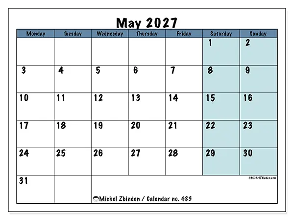 Printable May 2027 calendar - Structured for school