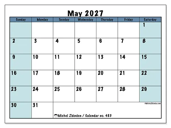 Printable May 2027 calendar - Structured for school - Week from Sunday to Saturday