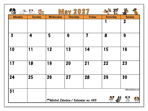 Printable May 2027 calendar - Enthusiastic dogs