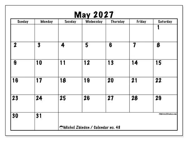 Printable May 2027 calendar - Daily efficiency - Week from Sunday to Saturday