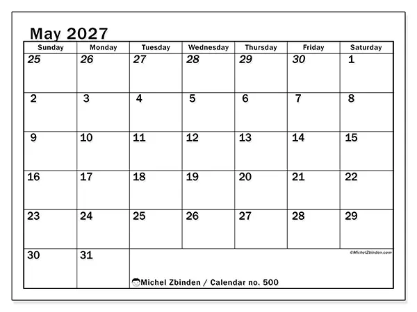 Printable May 2027 calendar - Intensive planning - Week from Sunday to Saturday