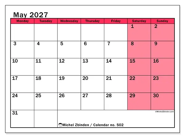Printable May 2027 calendar - Bright management