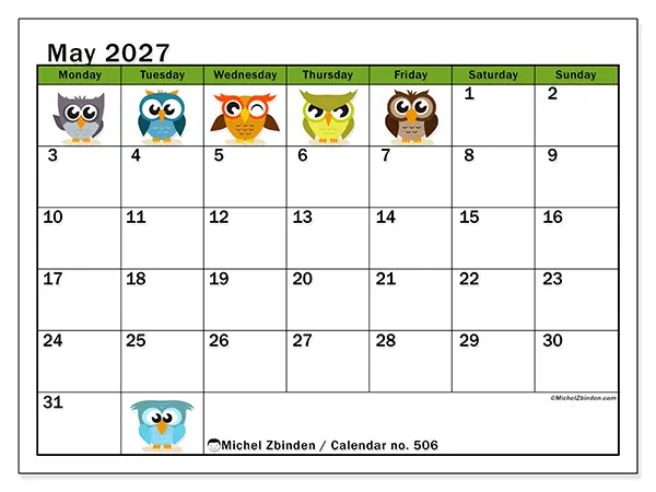 Printable May 2027 calendar - Funny owls