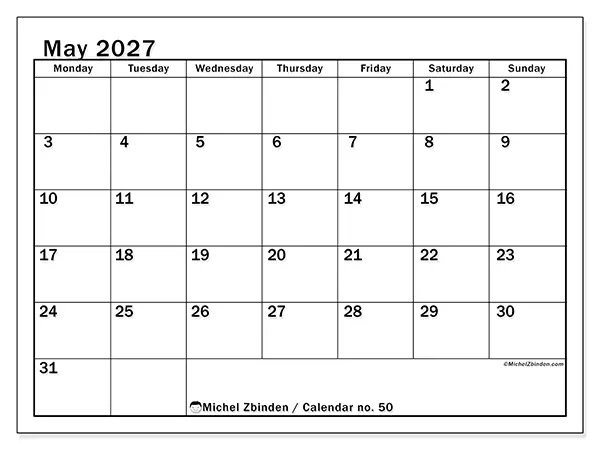 Printable May 2027 calendar - Optimal planning