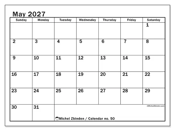 Printable May 2027 calendar - Optimal planning - Week from Sunday to Saturday