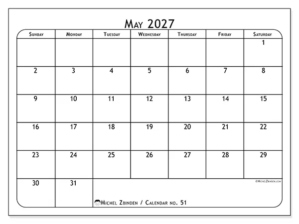 Printable May 2027 calendar - Meal planner - Week from Sunday to Saturday