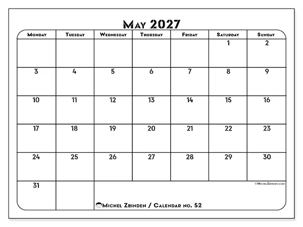 Printable May 2027 calendar - Professional organization