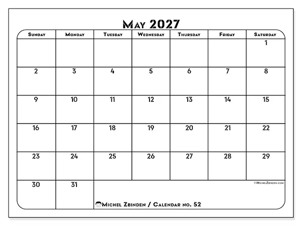 Printable May 2027 calendar - Professional organization - Week from Sunday to Saturday
