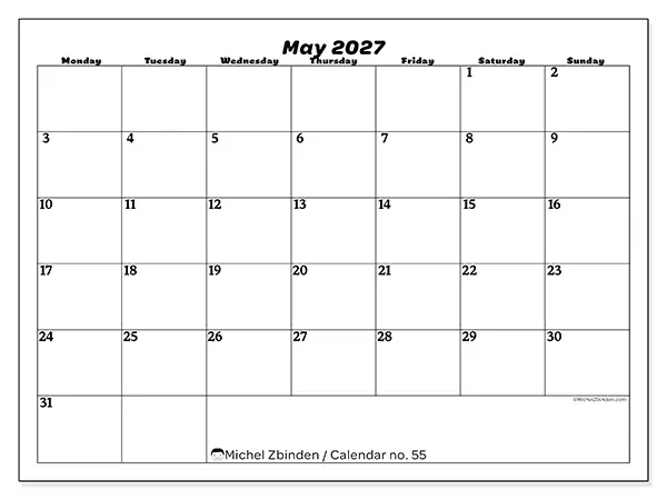 Printable May 2027 calendar - Leisure organization