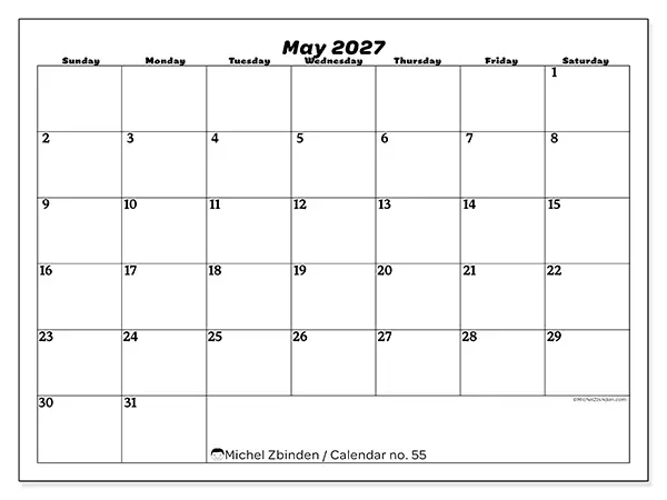 Printable May 2027 calendar - Leisure organization - Week from Sunday to Saturday