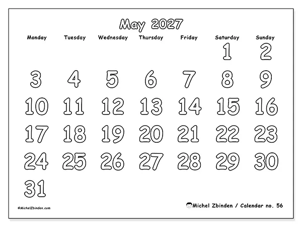 Printable May 2027 calendar - Useful coloring