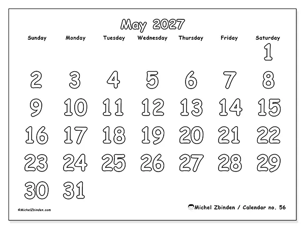 Printable May 2027 calendar - Useful coloring - Week from Sunday to Saturday