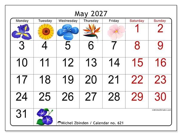 Printable May 2027 calendar - Big flowers