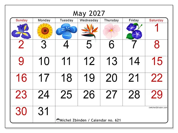 Printable May 2027 calendar - Big flowers - Week from Sunday to Saturday