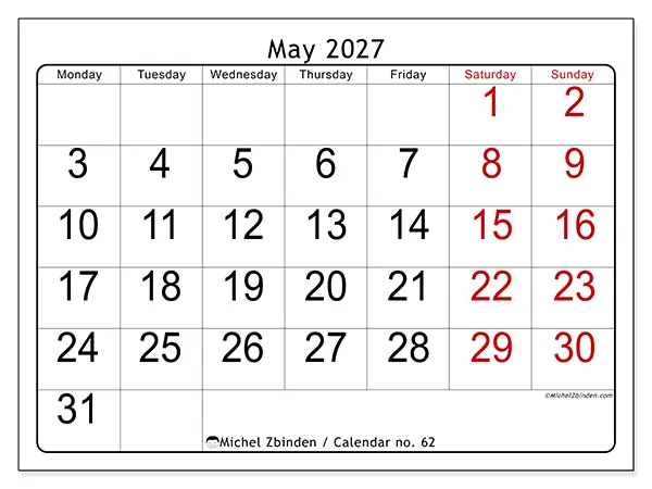 Printable May 2027 calendar - Speed reading