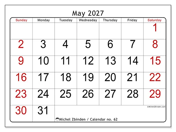 Printable May 2027 calendar - Speed reading - Week from Sunday to Saturday