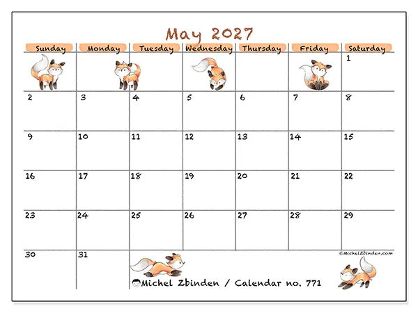 Printable May 2027 calendar - Fox drawings - Week from Sunday to Saturday