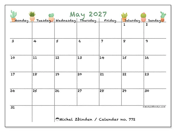 Printable May 2027 calendar - Decorative cactus