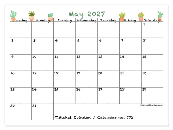 Printable May 2027 calendar - Decorative cactus - Week from Sunday to Saturday