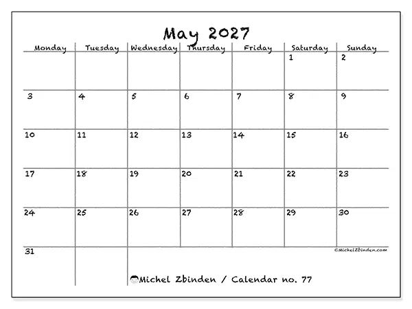 Printable May 2027 calendar - School and family