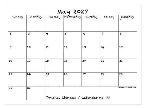 Printable May 2027 calendar - School and family - Week from Sunday to Saturday