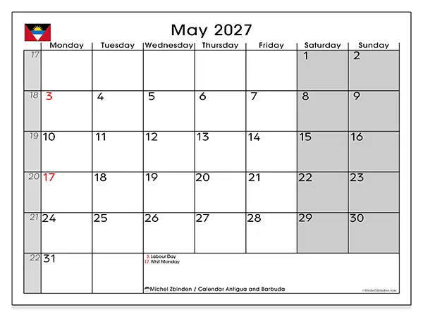 Printable May 2027 calendar - Antigua and Barbuda