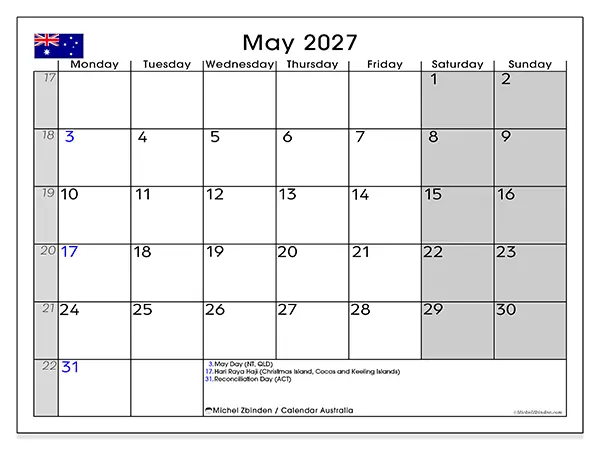 Printable May 2027 calendar - Australia